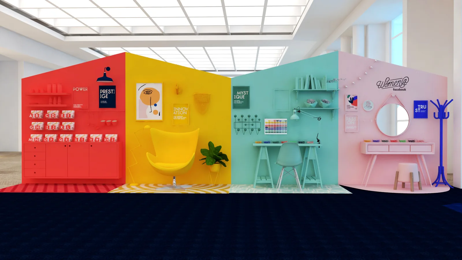 3D render of four flat-color accreditation modules