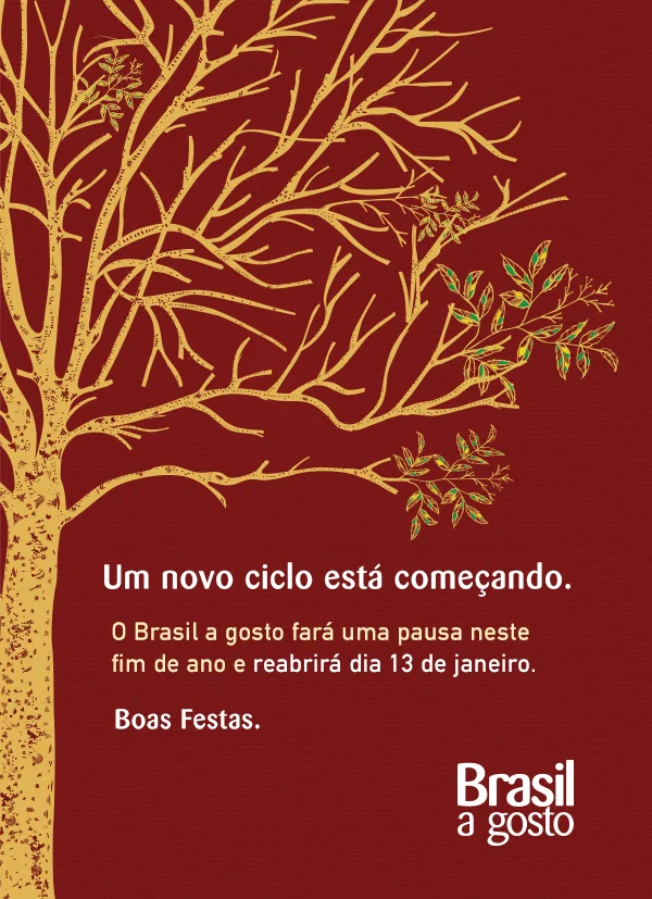 Closing email: the bare ipê on red, “Um novo ciclo está começando”