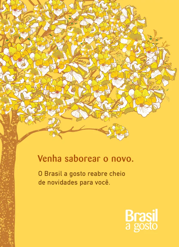 Reopening email: the ipê in bloom on yellow, “Venha saborear o novo”