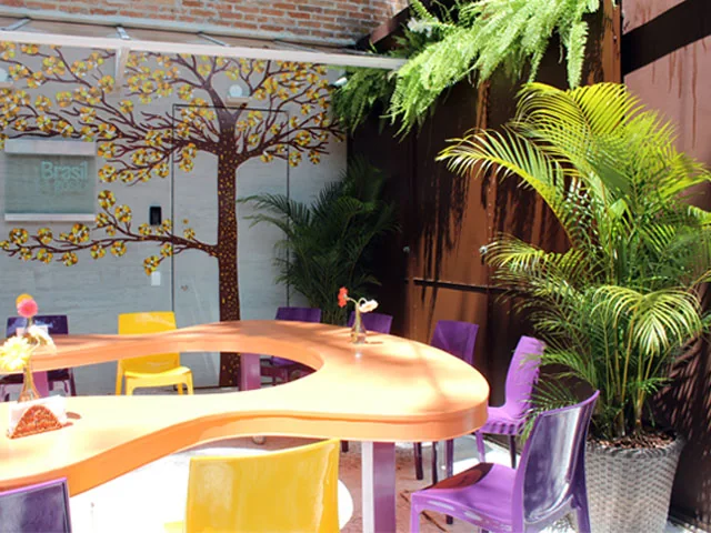 The ipê painted on the restaurant's facade, above the courtyard tables