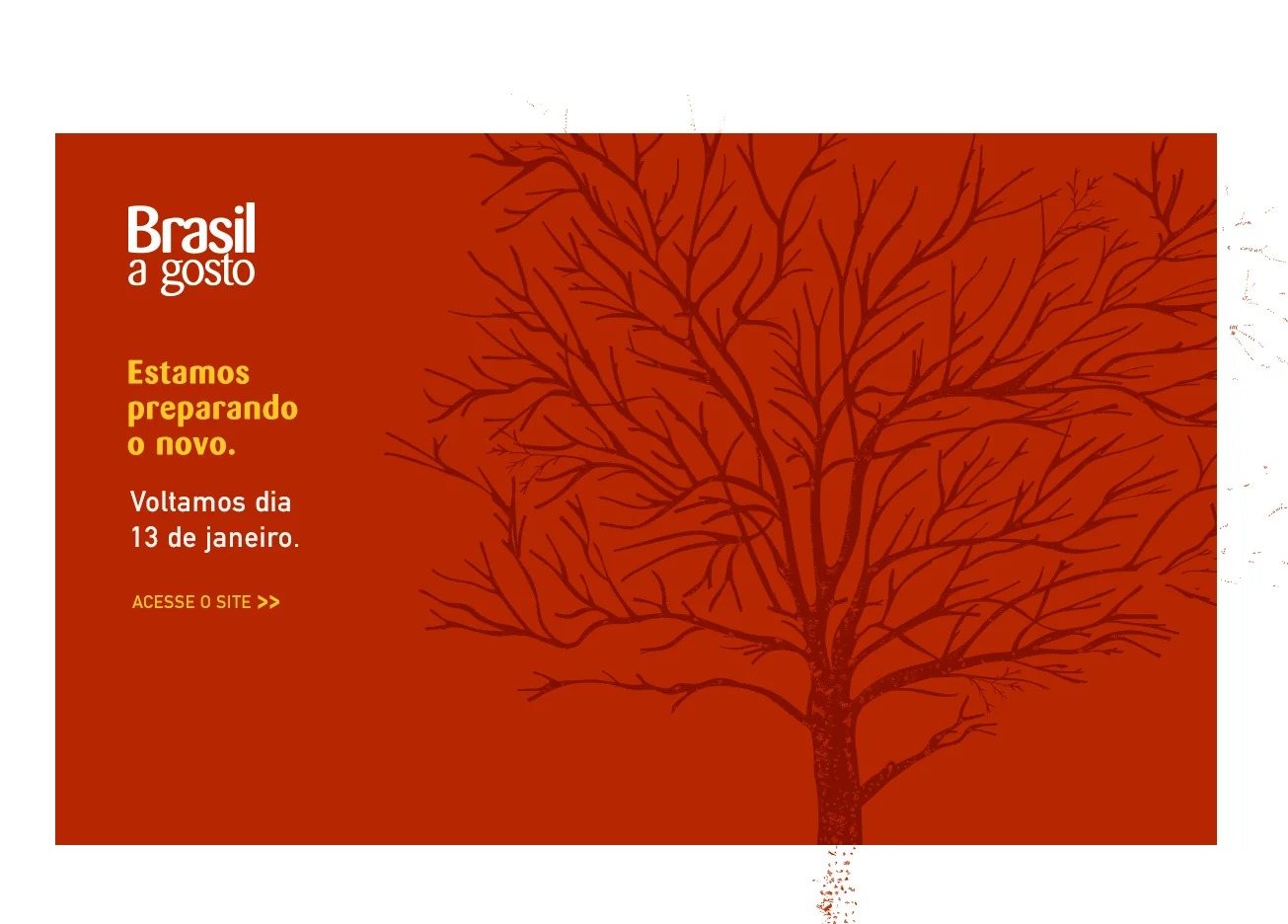 Website banner: the ipê with bare branches, announcing the closing