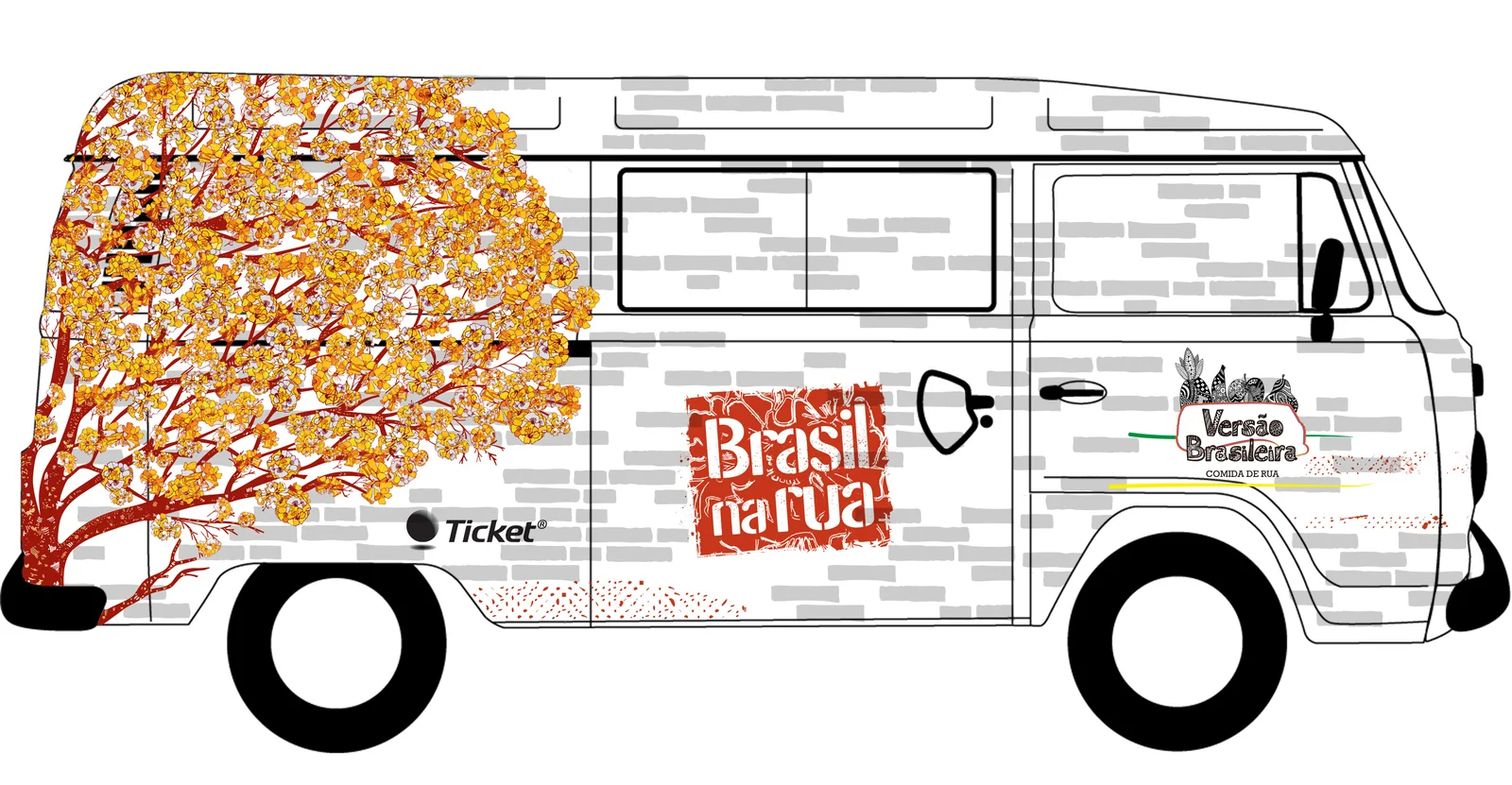 Van side elevation with the ipê and the Brasil na Rua logo