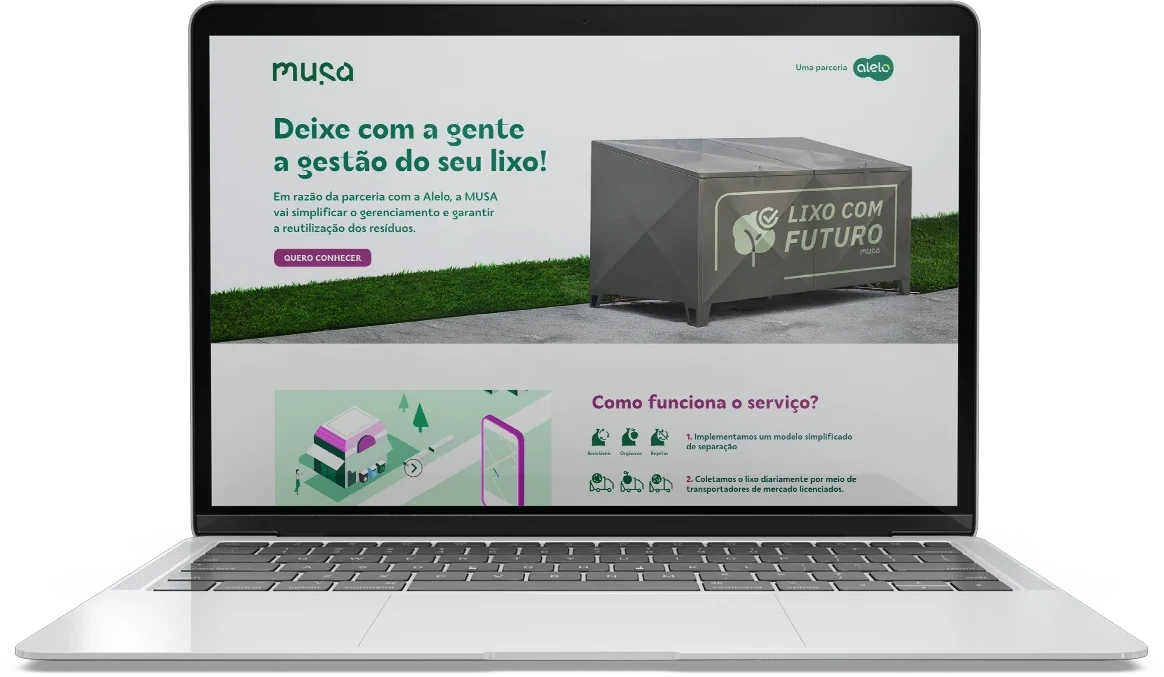 Laptop showing the landing page for the Musa and Alelo partnership: the headline 'Leave your waste management to us', a branded waste container, and how the service works