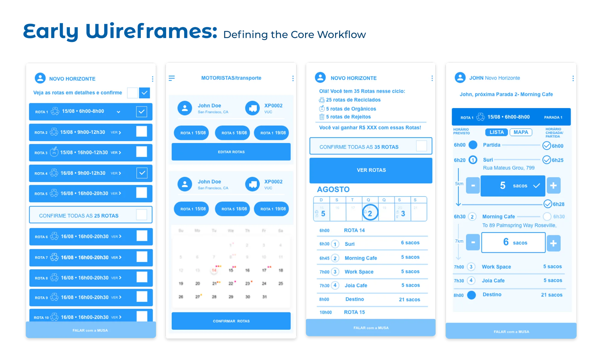 Early wireframes of the Transporter App: route list to confirm, driver and vehicle assignment with a calendar, a monthly route summary, and a stop-by-stop route with bag counts