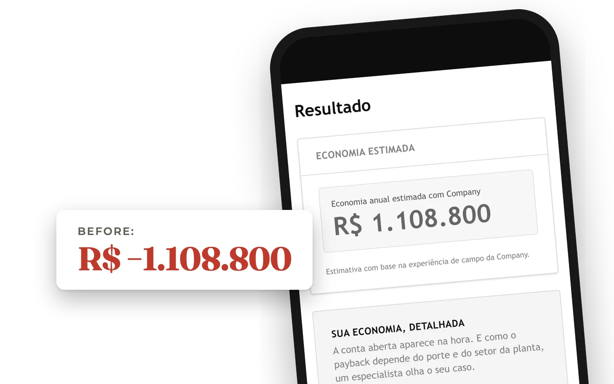 ROI Calculator cover: the current calculator's result on a phone, next to a card showing the old figure, R$ −1.108.800