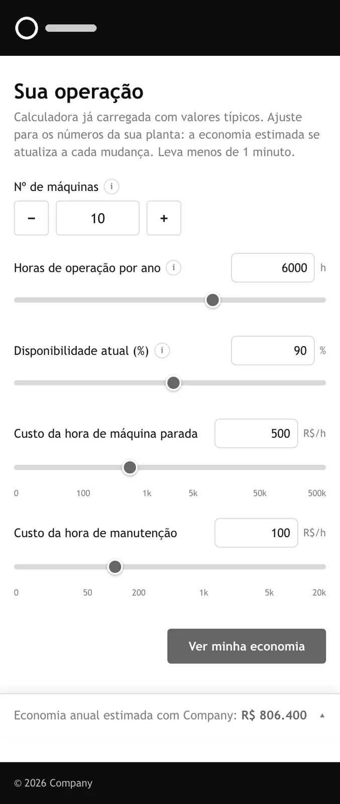 Current calculator on mobile, step 1, with the savings pinned to the bottom of the screen