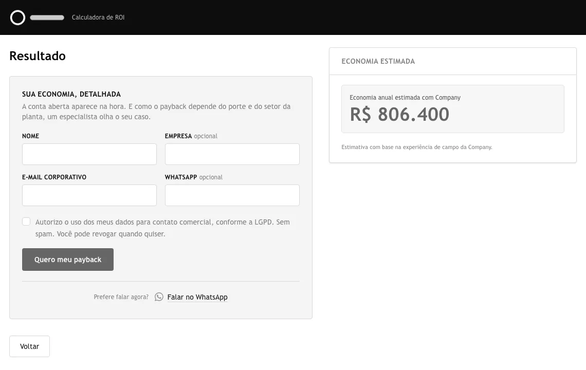 Current calculator, step 2: the savings stay visible next to a short contact form
