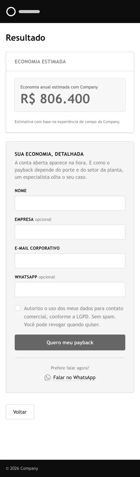 Current calculator on mobile, step 2: savings first, form below