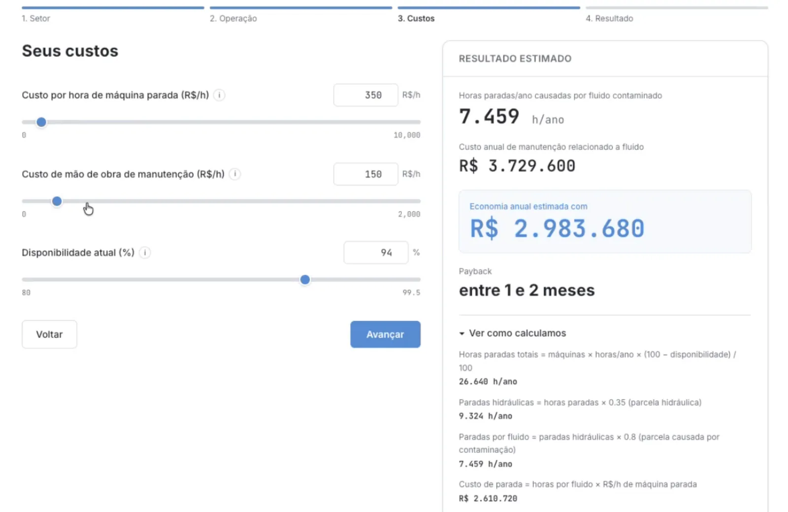First version, step 3 of 4: cost inputs with sliders next to a live estimated result