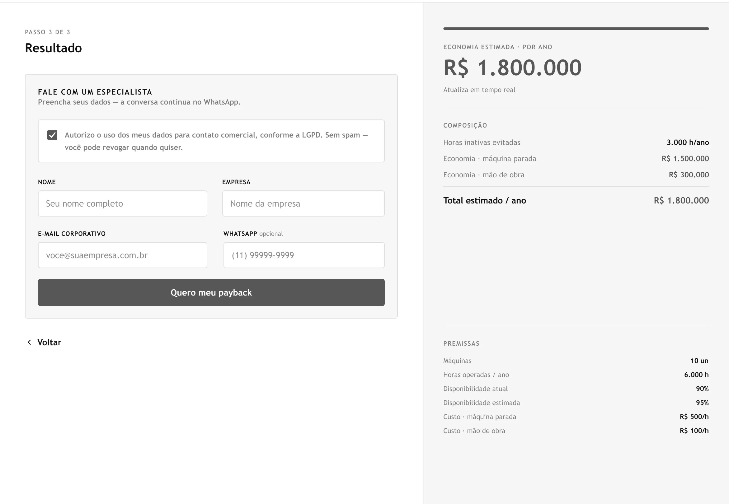 Figma version, step 3: contact form on the left, estimated savings and breakdown on the right